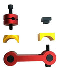 No Sweat Slick CNC Mill Vise Stop Adjuster and Precision Workpiece Locator components in red and yellow for heavy duty setups.