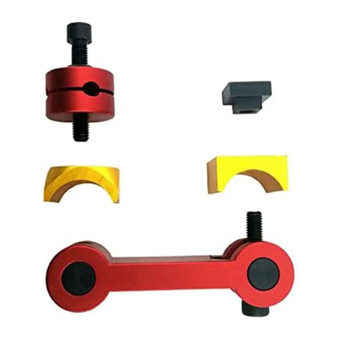 No Sweat Slick CNC Mill Vise Stop Adjuster and Precision Workpiece Locator components in red and yellow for heavy duty setups.