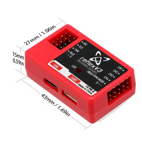Reflex V3 Flight Controller Gyro Stabilizer For RC Aircraft And Drones With Three Flight Modes, red casing dimensions shown