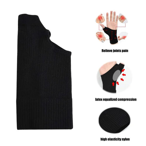 Black thumb arthritis compression glove with gel pads, showcasing breathable design and wrist support, one pair.