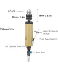 This Badass 3/8 Inch Straight Air Power Drill Hits 22000 RPM for Lightning Fast Drilling showing chuck, safety device, and exhaust port.