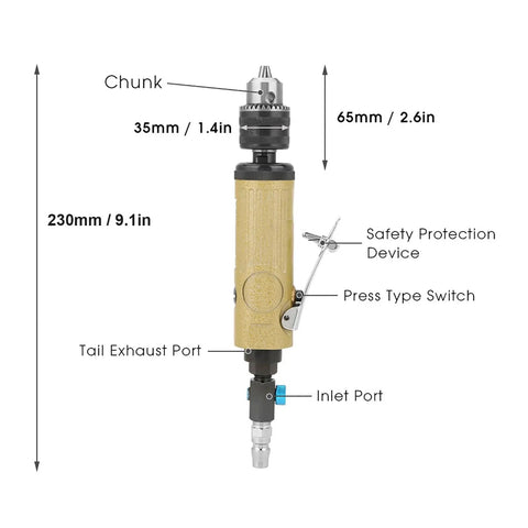 This Badass 3/8 Inch Straight Air Power Drill Hits 22000 RPM for Lightning Fast Drilling showing chuck, safety device, and exhaust port.