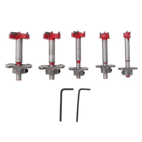 Five Piece Forstner Drill Bit Set Featuring Adjustable Depth Range Premium Woodworking Hole Saws and Sharp Wood Cutters with two wrenches.