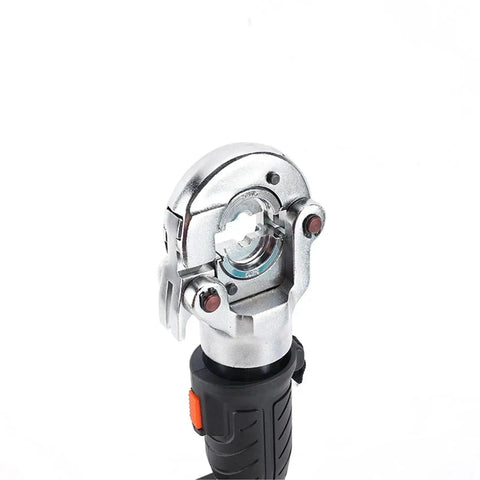 Close-up of Heavy Duty 12 Ton Cordless Hydraulic Copper Terminal Crimping Tool with metal jaws for crimping wires.