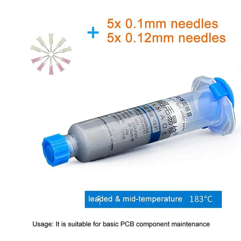 Leaded Solder Paste Flux Syringe Kit With 10 Replacement Needles For PCB IC And Mobile Phone Motherboard Repair DIY Friendly SMD Rework BGA Welding Easy To Apply Smooth Flow Medium Temperature 20 Grams