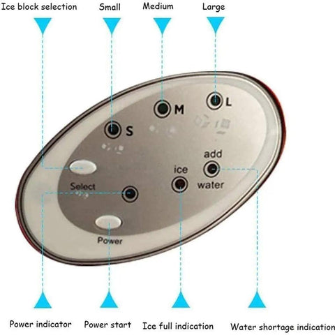 Control panel of Rock Solid Countertop Ice Maker With Quick Freeze Cycle And No Sweat Self Clean Routine showing settings and indicators.