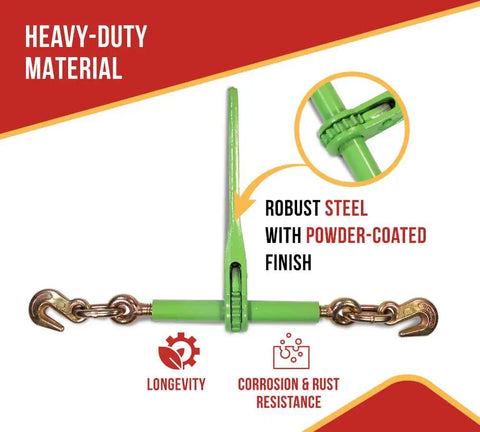 4 Pack 5/16 To 3/8 Inch Heavy Duty Hi Vis Green Ratchet Tie Down With Grab Hook And Slip Clip 5400 Lb Working Load Limit close-up of robust steel construction.
