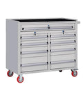 Garage Ready Steel Tool Cabinet With Smooth Roll Casters And Secure Latch System featuring multiple drawers and a solid worktable surface.