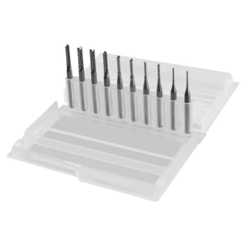 10 Pieces CNC End Mill Bit Set Carbide Router Bits for PCB Milling displayed in a clear plastic case