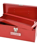 Red General Purpose Tool Box With Removable Steel Tote Tray, Heavy Duty Side Handles, And Pad Lockable Center Hasp For Secure Storage, 14 Inch Long By 6 Inch Wide By 6.5 Inch High, Single Latch, open with tray visible
