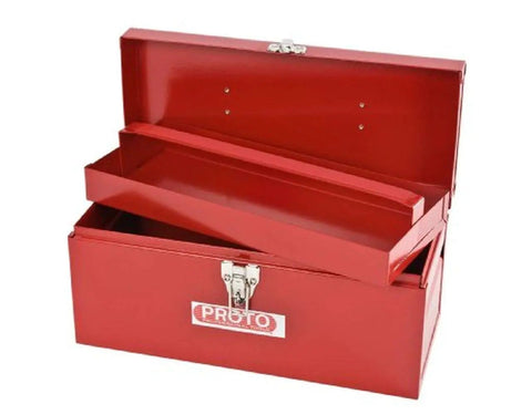 Red General Purpose Tool Box With Removable Steel Tote Tray, Heavy Duty Side Handles, And Pad Lockable Center Hasp For Secure Storage, 14 Inch Long By 6 Inch Wide By 6.5 Inch High, Single Latch, open with tray visible