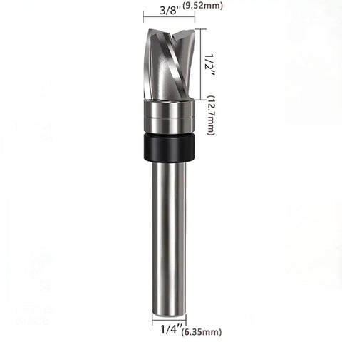 Top Notch Spiral Flush Trim Router Bit For Plywood And MDF 3/8 Inch Diameter showing detailed measurements and design for precision cutting.