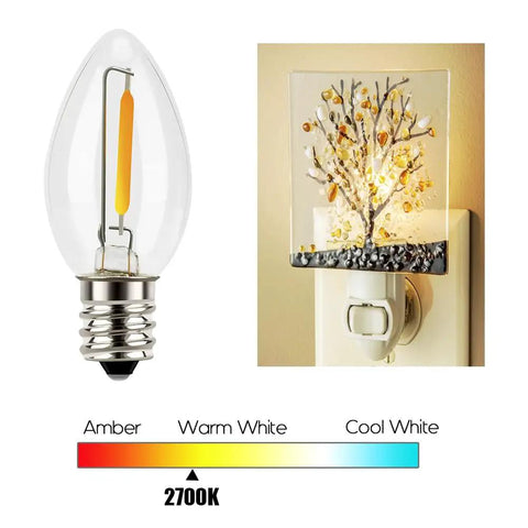 Cozy C7 LED Night Light Bulbs With E12 Candelabra Base, Clear Warm White 2700K, shown in socket with light spectrum chart