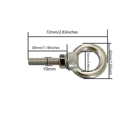 Two Pack Heavy Duty M10 Stainless Shoulder Eye Bolt Set With Nuts And Flat Washers 72mm Total Length 30mm Thread Corrosion Resistant
