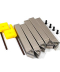 Top Shelf Mini Indexable Lathe Turning Tool Set With Half Inch Nickel Plated Shank Holders Plus Razor Sharp Carbide Insert Blades laid out.