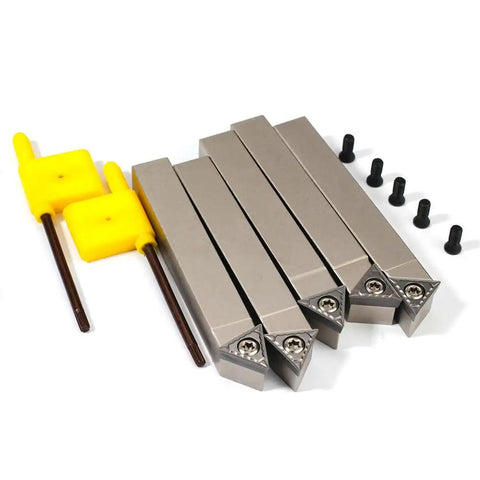 Top Shelf Mini Indexable Lathe Turning Tool Set With Half Inch Nickel Plated Shank Holders Plus Razor Sharp Carbide Insert Blades laid out.