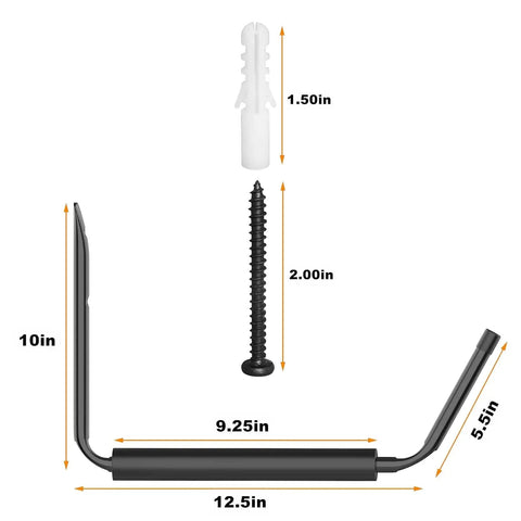 Lightweight Kayak Storage Rack With Wall Mount Hooks For Garage Organization Perfect For Kayaks Paddle Boards Surfboards Canoes Snowboards Ladders And More Space Saver Includes Four Hooks And Fasteners with measurements of hooks and fasteners displayed