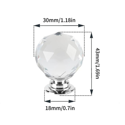 Clear Crystal Glass Door Knobs 5 Piece Set Round Diamond Ball Shaped Cabinet Wardrobe Drawer Handles with size dimensions shown