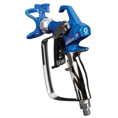 Built Tough Airless Spray Gun With RAC X 517 Switch Tip featuring blue ergonomic handle and stainless steel body for commercial use.