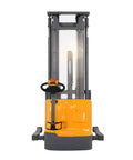 Heavy Duty Full Electric Walkie Pallet Stacker With Straddle Legs 3300 Lb Capacity 177 Inch Lift Height front view with control handle.