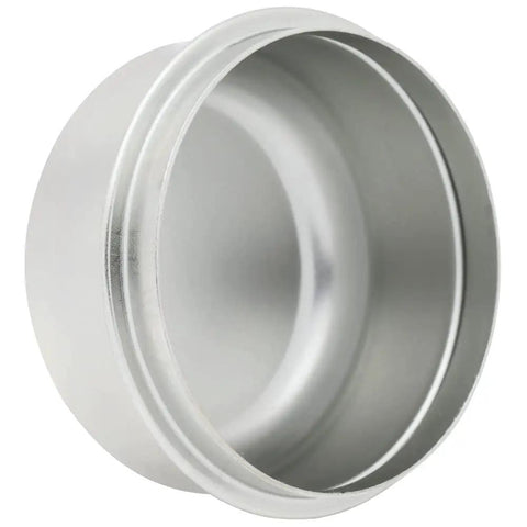 Close-up of Four Pack 2.5 Inch Trailer Axle Dust Caps For EZ Lube Hubs 6 On 5.5 Inch Silver Replacement Dust Covers