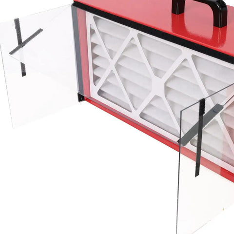 Close-up of Beastly Benchtop Dust Collector with 725 CFM Air Filtration, HEPA Filter exposed through open side panels.