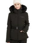 Woman wearing Women's Ski Jacket For Snowboarding Warm Winter Coat With Hood, Windproof And Waterproof, Short Slim Fit, XL Black