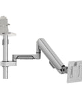 Smooth As Butter Gas Spring Monitor Mount Arm For Killer Dual Screen Desk Setup, adjustable silver arm with flat mount.
