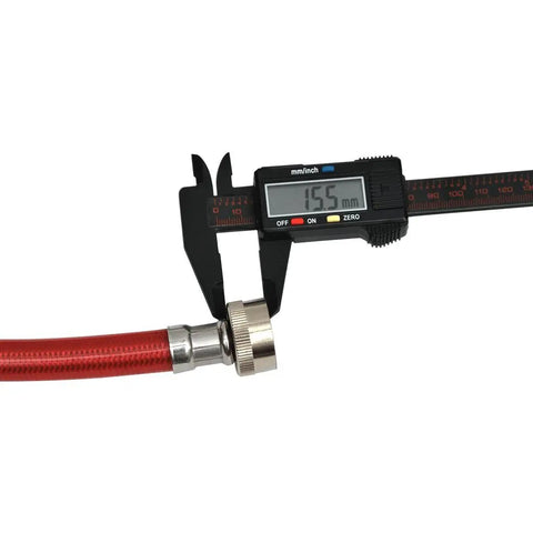 Digital caliper measuring red hose from 4ft Burst Proof Washer Hose Set With 3 Layer PVC Coated Stainless Steel Universal Fit For All Washers