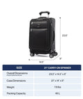 Black 21-inch Travelpro Platinum Elite softside carry-on spinner luggage with front zip pockets.