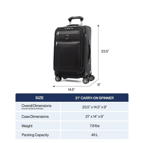 Black 21-inch Travelpro Platinum Elite softside carry-on spinner luggage with front zip pockets.