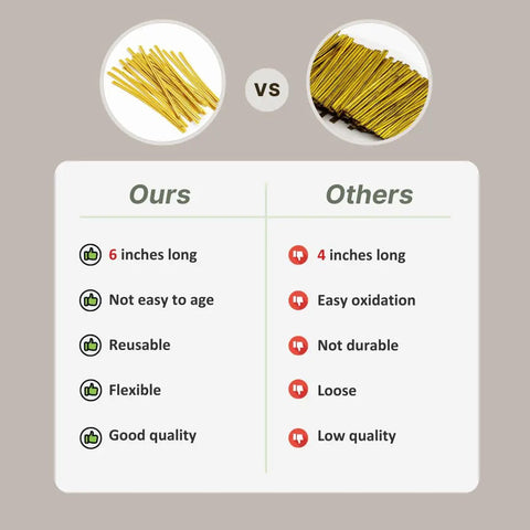 Comparison between 6-inch gold twist ties and 4-inch others, included with Clear Bottom Gusset Cellophane Gift Bags 10x14 Inches, 50 Count.