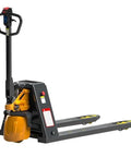 Heavy Duty Manual And Electric Pallet Jack With 4400 Lb Capacity Lithium Battery Walkie Truck shown in profile view, features slip resistant PU wheels.