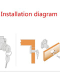 Installation diagram for Rock Solid Zinc Alloy Drawer Lock For Wooden Cabinets Desks And Mailboxes Keyed Hardware. Shows panel fitting.