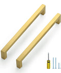 Premium Gold Cabinet Pulls 25 Pack, 8 Inch Center To Center Bar Handles for Kitchen Cabinets and Drawers, showing two gold handles.