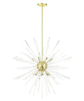 Straight Up 16 Light Satin Brass Foyer Pendant Chandelier With Real Clear Crystal Rods Built Different For Grand Entries And Modern Homes Damp Rated, featuring clear crystal rods radiating from a brass center.