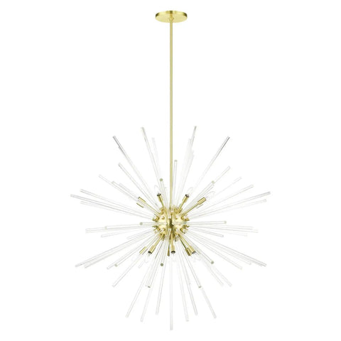 Straight Up 16 Light Satin Brass Foyer Pendant Chandelier With Real Clear Crystal Rods Built Different For Grand Entries And Modern Homes Damp Rated, featuring clear crystal rods radiating from a brass center.