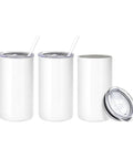 Game Changer 16 Pack Skinny Sublimation Tumblers With Lids And Straws 12 Oz Double Wall Stainless Steel Cups, three white tumblers with lids and straws.
