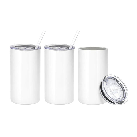 Game Changer 16 Pack Skinny Sublimation Tumblers With Lids And Straws 12 Oz Double Wall Stainless Steel Cups, three white tumblers with lids and straws.