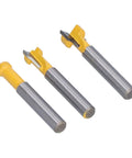 Pro Keyhole Router Bits Set 3 Pcs 1/4 Inch Shank T Slot Milling Cutters in gray and yellow design for woodworking.