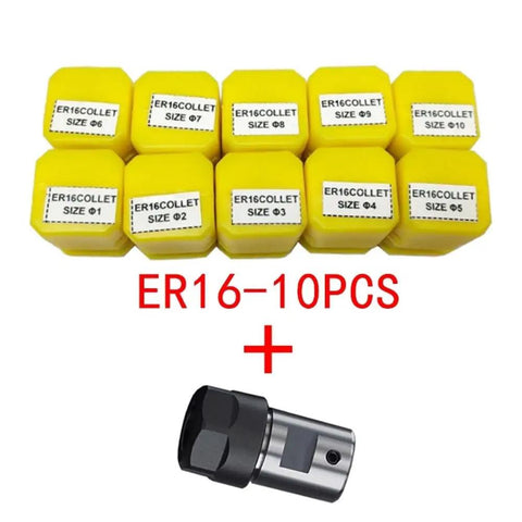 Heavy Duty Er11 Er16 Er20 Spring Collet Set With Nuts And Spindle Motor Shaft Extension Rod For Precision Cnc Lathe And Engraving Tools, includes 10 yellow ER16 collets.