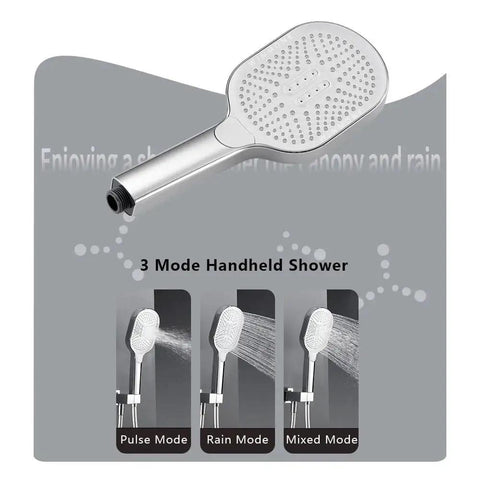 Slick Wall Mounted Shower System Featuring Hidden Led Digital Display And Full Spray Waterfall Head With Brushed Grey Finish. Handheld shower head with three modes.
