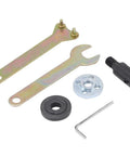 7-piece Amazon angle grinder chuck kit with metal wrenches, flange, rubber seal, shaft adapter, and hex key