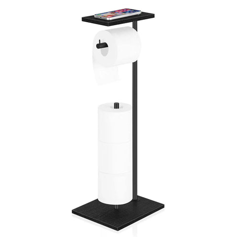 Freestanding Toilet Paper Holder With Shelf And Wood Base Black Finish Sturdy Stand For Mega Rolls Reserve Paper Storage Bathroom Organizer Easy Move No Drill Keeps Your Tissues Handy And Neat