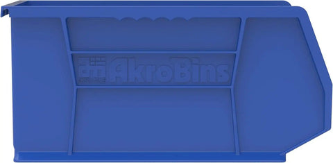 Side view of blue stackable plastic storage bin for garage, pantry, or craft organization, durable, 15x8x7 inches, holds 60 pounds.