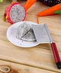 Haofy potato cutting knife with stainless steel wavy crinkle slicer, red handle, shown with sliced potato on plate