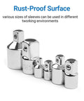 Six-piece chrome-plated conversion sleeve set for converting drive sizes, front view