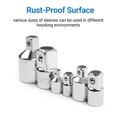 Six-piece chrome-plated conversion sleeve set for converting drive sizes, front view