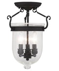 Jefferson 3 Light Ceiling Mount Fixture in black finish with traditional steel build, featuring seeded glass for vintage vibe lighting