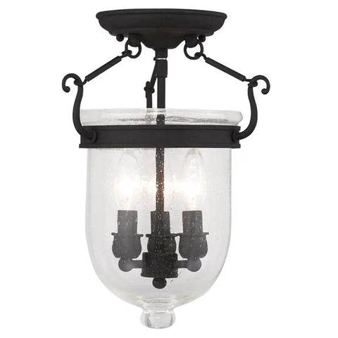 Jefferson 3 Light Ceiling Mount Fixture in black finish with traditional steel build, featuring seeded glass for vintage vibe lighting